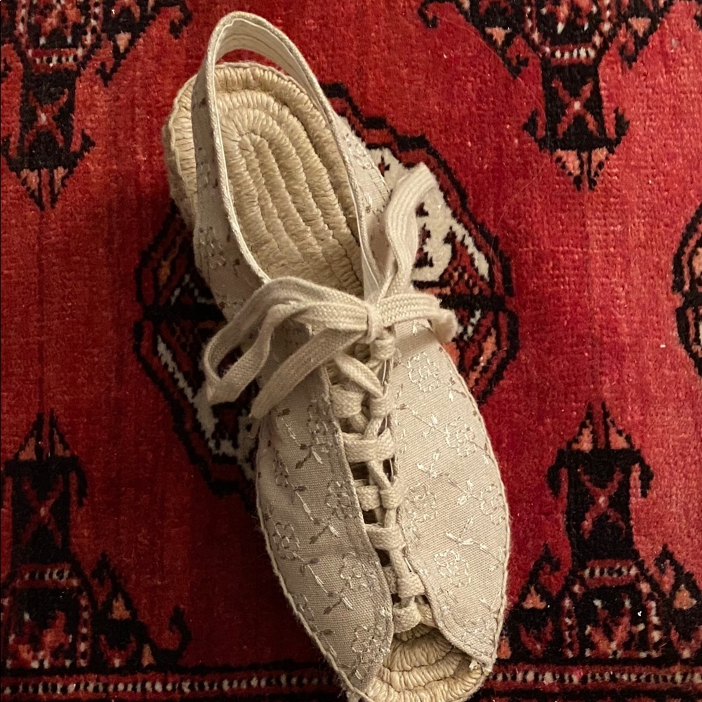 French Cousu Main 30s Vibe Beige Embroidery Espadrilles Sz. 8